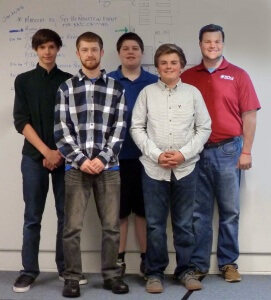 Representatives from EAHS SkillsUSA presenting at China Instrument Parts (Pictured left to right: Mason Holder, Cameron Bunne, Matt Engelbrecht, Josh Henry and Mr. Ganter)